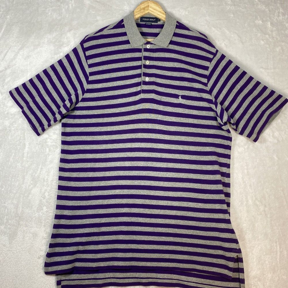 Polo Golf Ralph Lauren Shirt Mens‎ LG Purple Vintage Lisle Striped Casual Golfer